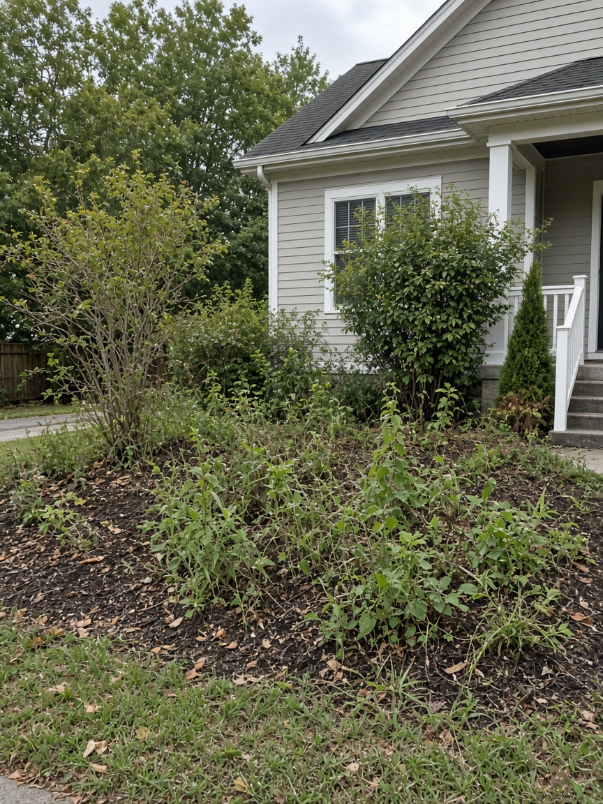 Overgrown, weedy garden beds before cleanup