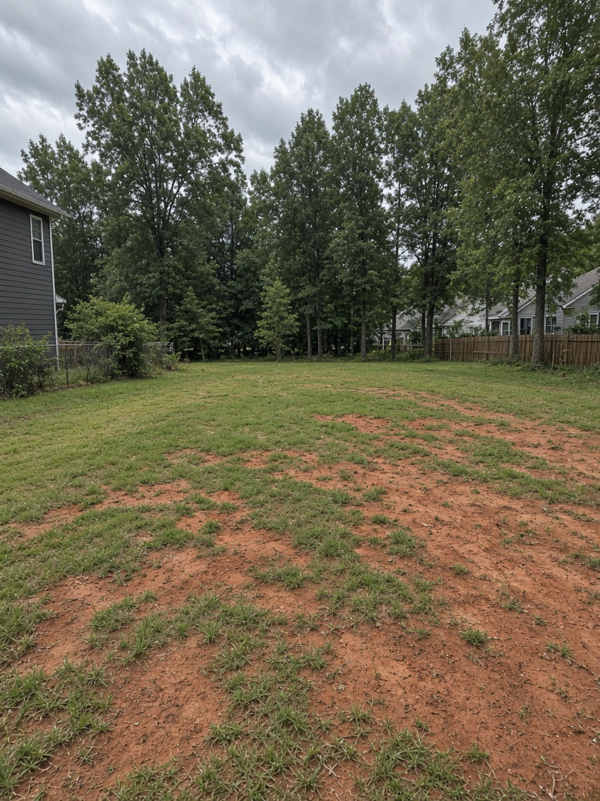 Bare red clay backyard before landscaping